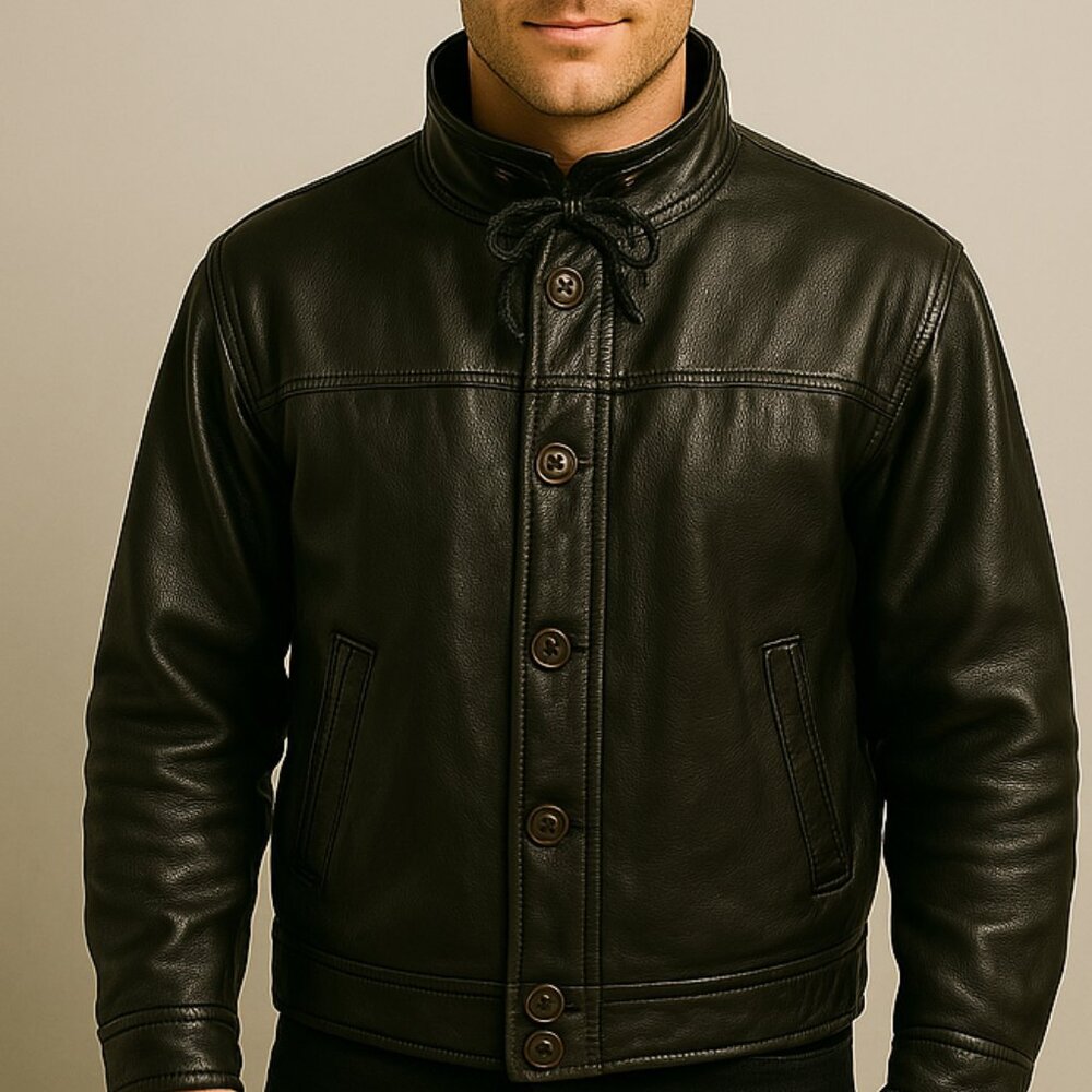 Pegabo Men's Black Genuine Soft Leather Vintage Moto Y2K Bomber Jacket Size L